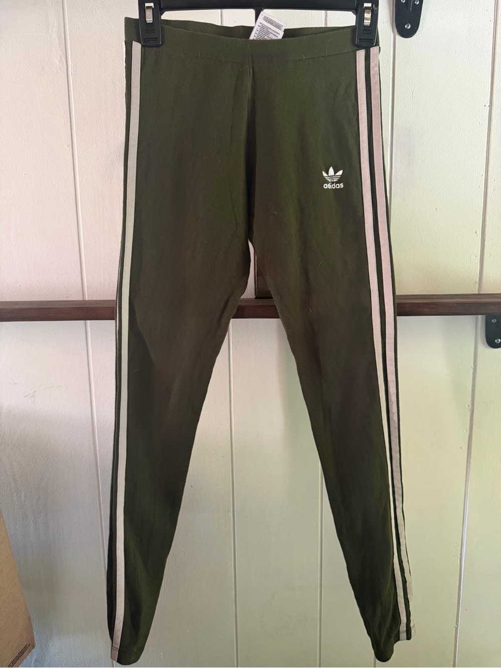 Adidas Olive Green Leggings with White Side Stripes - S